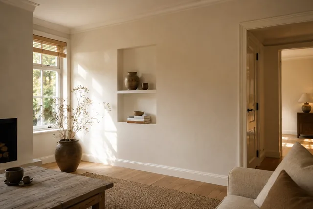 Woonkamer met strak afgewerkte wanden en een nis, klaar voor behang