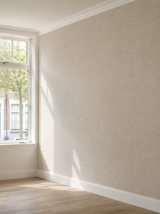 Wand met linnenstructuur vliesbehang naast een donker dressoir met vaas