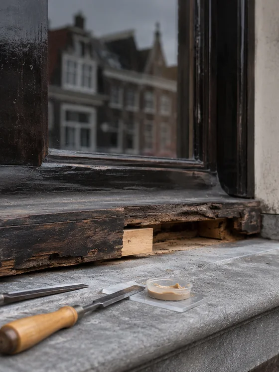 Aangetaste onderdorpel van een houten kozijn, deels uitgefreesd, met beitels en vulmiddel op de vensterbank