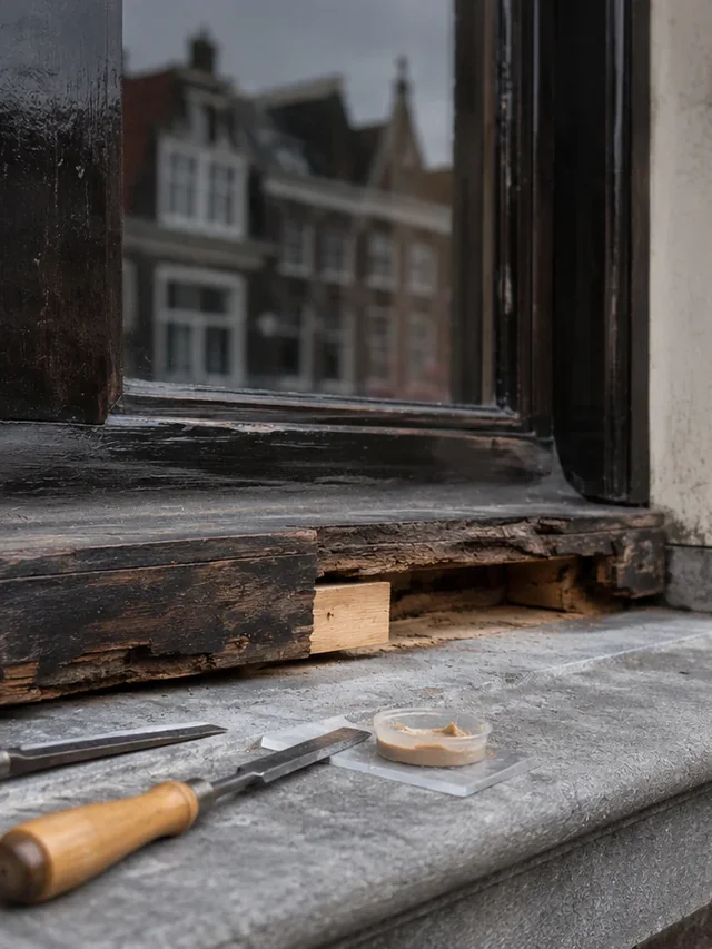 Aangetaste onderdorpel van een kozijn die wordt uitgefreesd en hersteld
