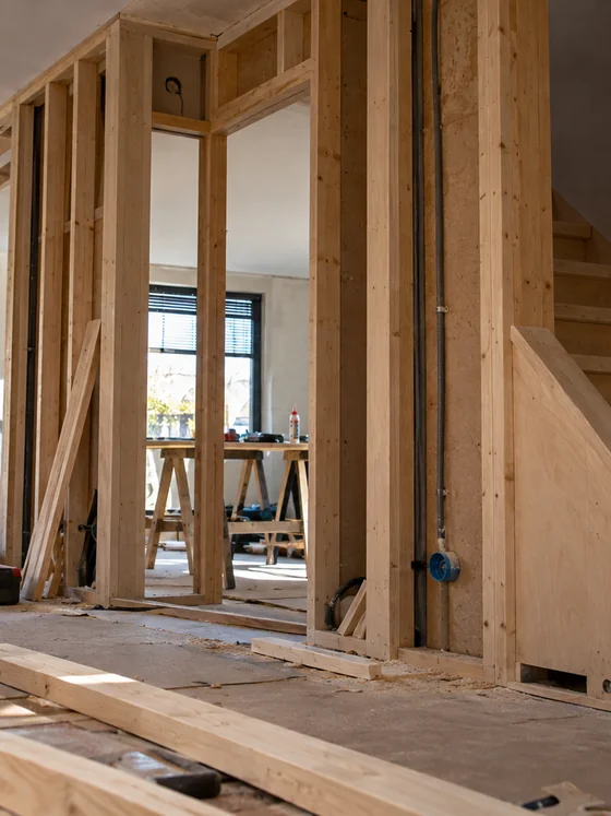 Ruimte in aanbouw met houten regelwerk en een nieuwe houten trap