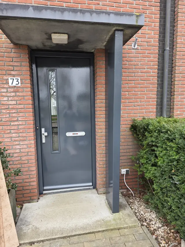 Antracietkleurige voordeur onder een betonnen luifel, in een bakstenen gevel